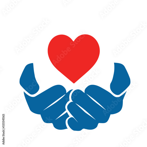 Hands holding red heart love care family protect poster vector illustration
