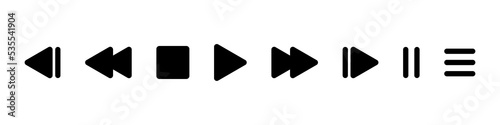 Player buttons. Music control icons. Play stop pause next previous black buttons. Isolated controls on white background.