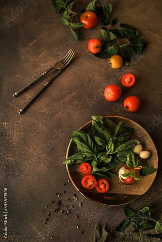  Caprese salad in a Glass for Serving in a Ceramic Plate and the Ingredients for It. Italian cuisine 