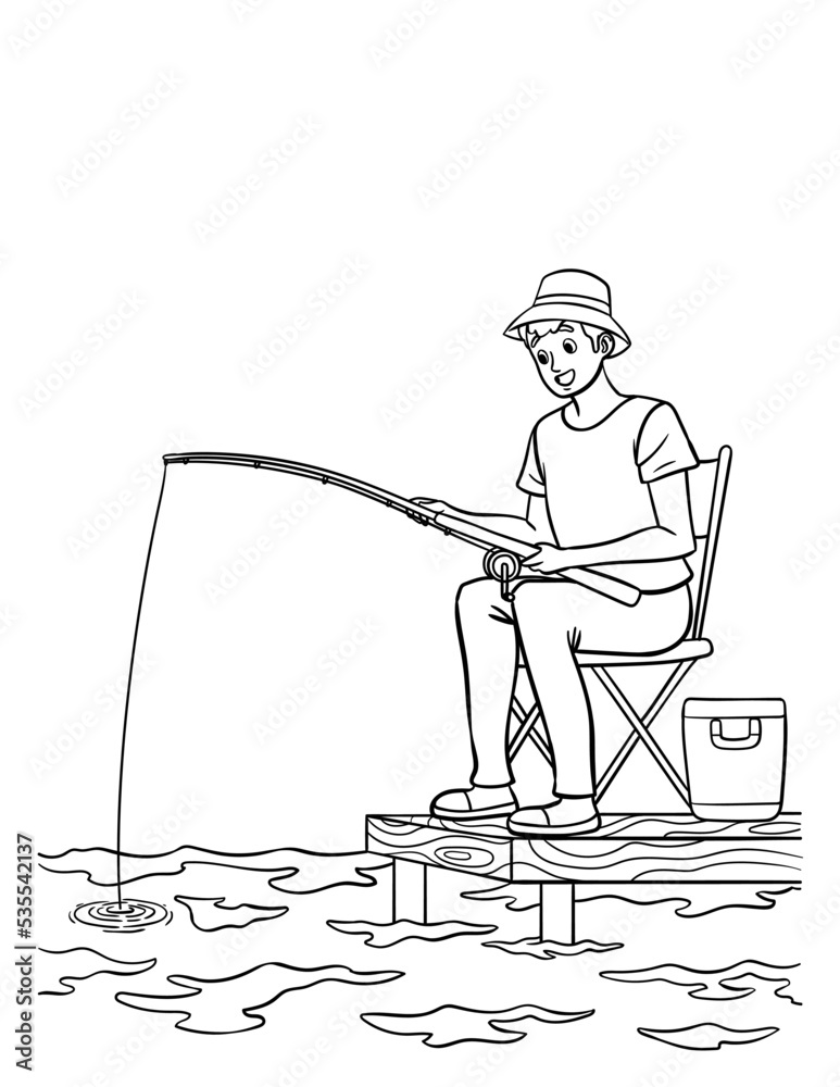 Fishing Isolated Coloring Page for Kids