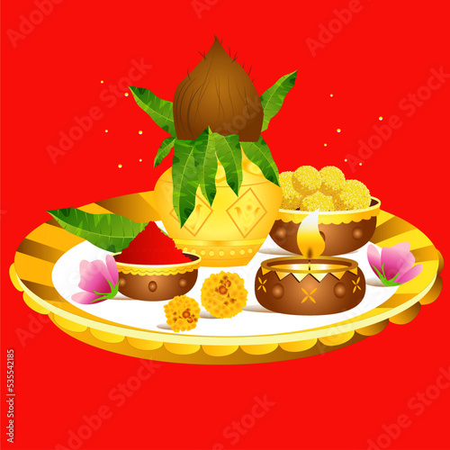 Illustration of thali puja with holy festival object