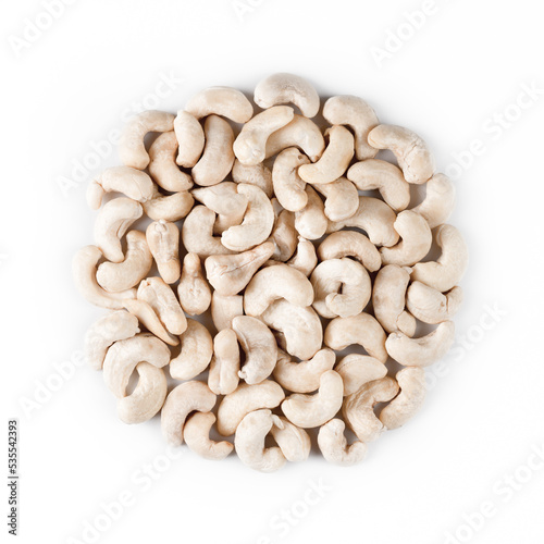 Figure of cashew nuts in the shape of a circle. Symbol of natural healthy food. Isolated figure on a white background