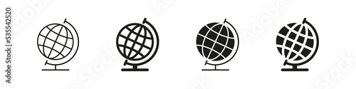 Globe icon. Earth on geography in school. World sphere on axis. Isolated globe set on white background.