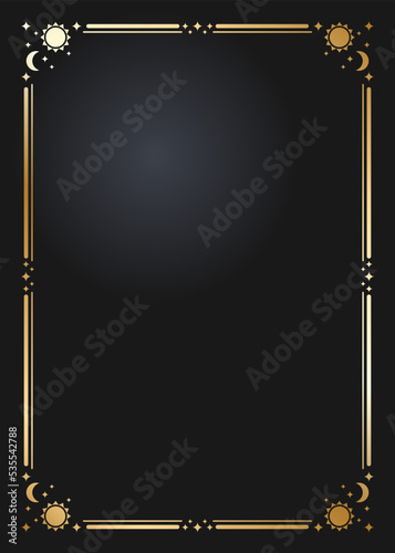 Elegant rectangular golden frame with sun, moon and stars . Festive design. Gold border. Frames vector.