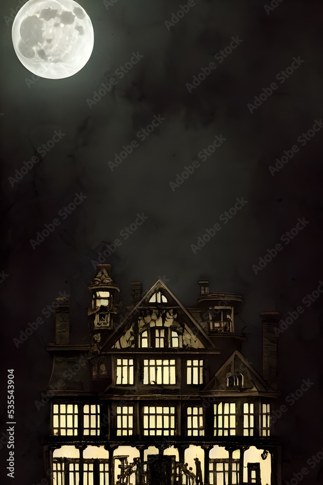 Full moon shines over a creepy haunted house. Full moon shines over a creepy haunted house.