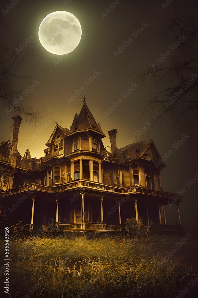 Obraz premium Full moon shines over a creepy haunted house. 
