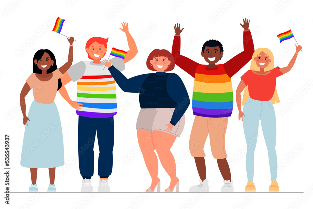 Fototapeta premium Several diverse people with LGBT flags wave their hands and rejoice. Human rights and tolerance. Vector flat illustration isolated on white background. Pride Month.