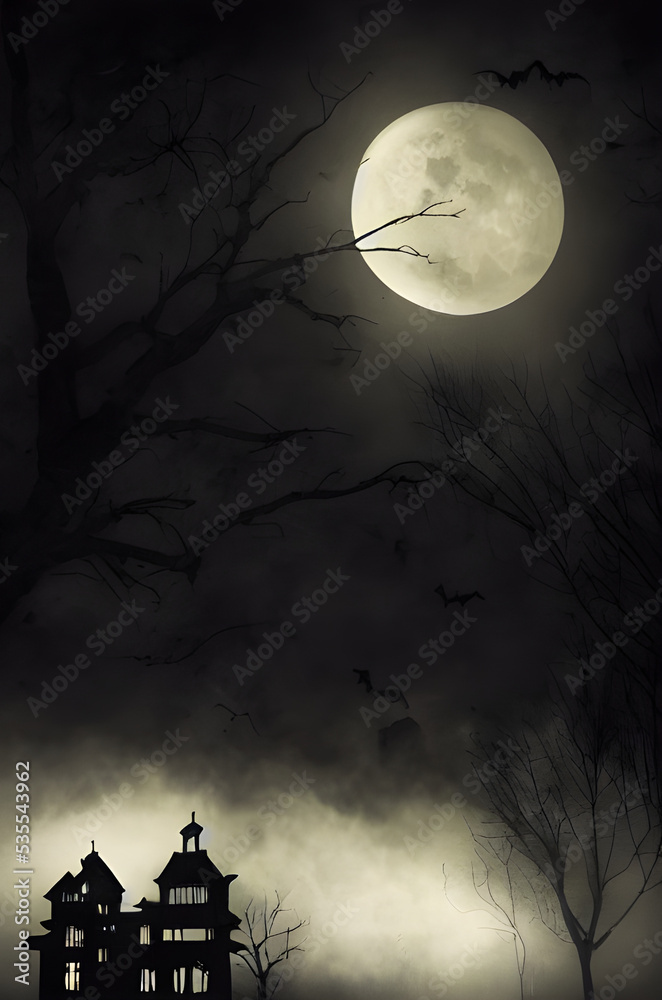 Fototapeta premium Full moon shines over a creepy haunted house. 