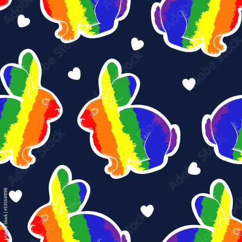 Seamless pattern with rainbow rabbits. Vector modern flat illustration. Symbol of the year 2023.