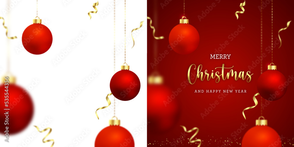 Red Christmas greetings card - Christmas decorations, red balls and golden ribbons - red and transparent alpha background - vector illustration Red Christmas greetings card - Christmas decorations, red balls and golden ribbons - red and transparent alpha background - vector illustration