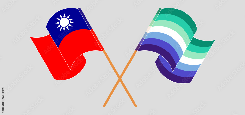 Crossed and waving flags of Taiwan and gay men pride