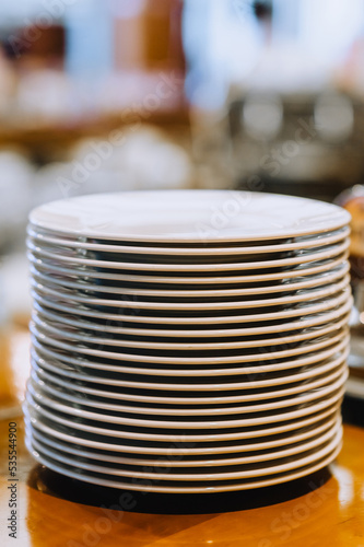 A lot of white clean round empty plates stand in a row on a wooden kitchen table.