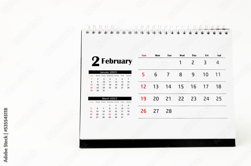 The February 2023 Monthly desk calendar for 2023 year isolated on white background. The February 2023 Monthly desk calendar for 2023 year isolated on white background.