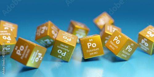 Polonium, (Po), unstable radioactive element. Used as alpha emitter in medicine and textile industry and film production. Promotional education periodic element 3D render.