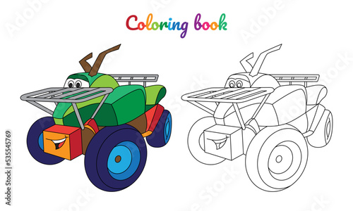Cartoon quad bike for boys. Small funny vector cute vehicle with eyes and mouth. Comic character for kids on white background. Coloring page for children, color and linear illustration.