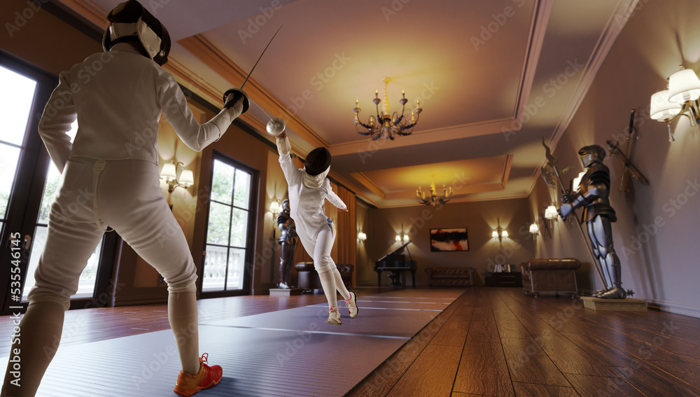 Two female fencing athletes fight in old fencing hall