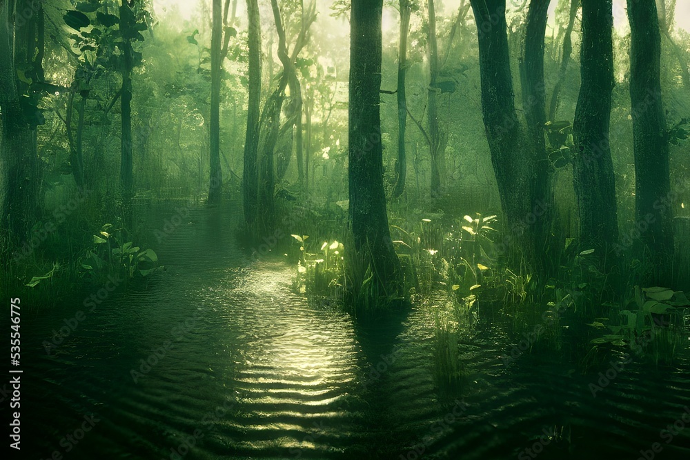 Fototapeta premium A foggy swamp. Dark and mysterious. 