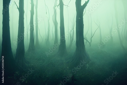 A foggy swamp. Dark and mysterious. 