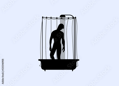 Vector silhouette of a man taking a shower in the bathroom behind a curtain.