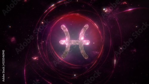 Fotografi Pisces zodiac sign as golden ornament and rings on purple violet galaxy background