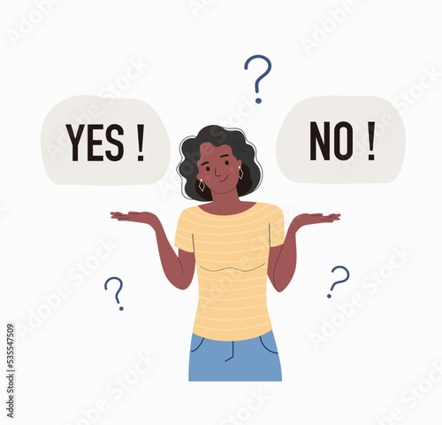 Young woman chooses between yes and no. Question mark in think bubble. Flat style cartoon vector illustration.