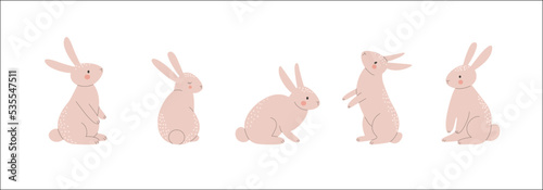 Collection of cute rabbits in different poses. Flat style cartoon vector illustration.