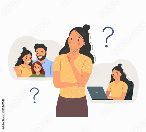 Young woman chooses between career and family. Question mark in think bubble. Flat style cartoon vector illustration.