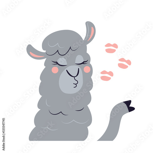 Cute cartoon alpaca blowing kisses. Funny lama in love isolated on a white background. Vector illustration.
