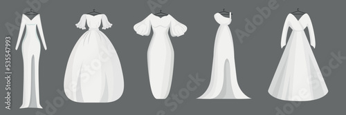Set of white dresses in cartoon style. Vector illustration of different wedding, ball, evening dresses on gray background.
