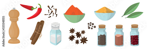 Set of fragrant spices in cartoon style. Vector illustration of various spices like chili, cloves, turmeric, cinnamon sticks, salt, pepper and many more on white background.