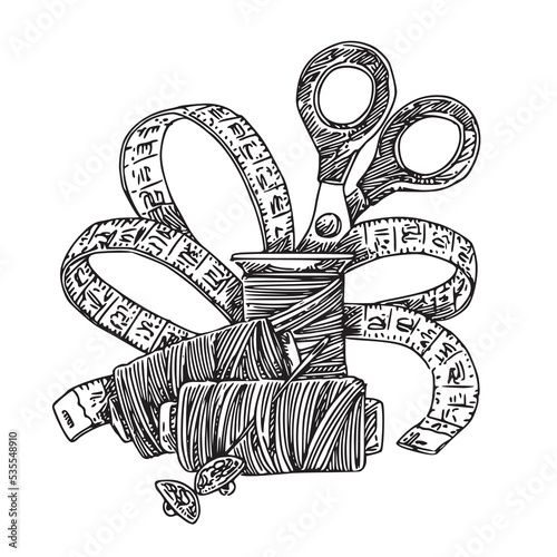 Set ot accessories for sewing. Spools of thread, scissors and centimeter ruler. Sketch. Engraving style. Vector illustration. 