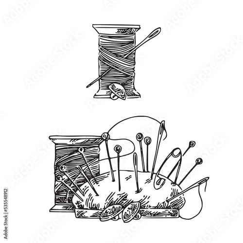 Set ot accessories for sewing. Spools of thread and needler with pins. Sketch. Engraving style. Vector illustration. 