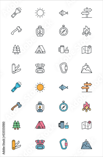 Camping Icons Pack. Thin line icons se and color icons. Flat icon collection set. Simple vector icons