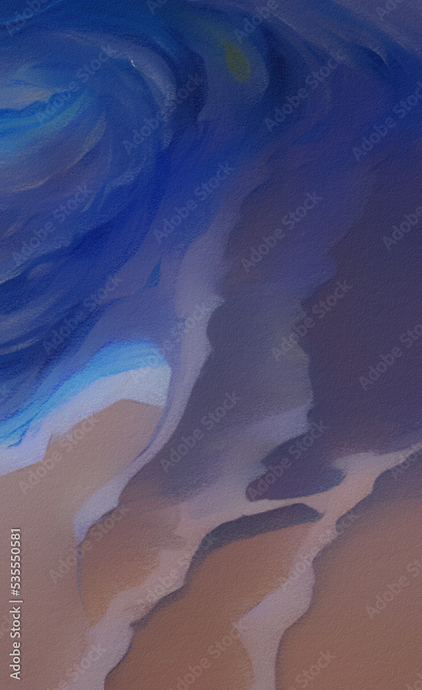 Digital painting abstract illustration of sea waves on beach. Background template design. Multicolored wave fluid art. Poster, canvas print, large size. Art for sale.