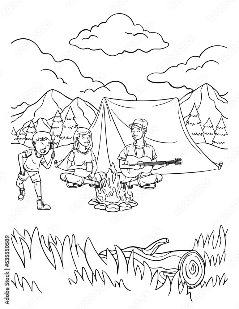 Camping Coloring Page for Kids Stock Vector | Adobe Stock