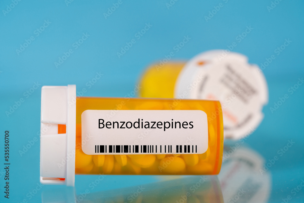 Benzodiazepines. Benzodiazepines pills in RX prescription drug bottle - obrazy, fototapety, plakaty 