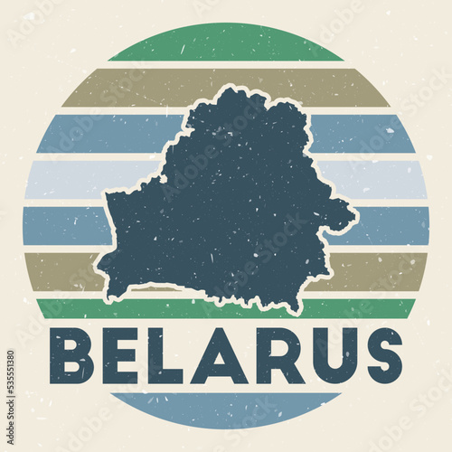 Belarus logo. Sign with the map of country and colored stripes, vector illustration. Can be used as insignia, logotype, label, sticker or badge of the Belarus.