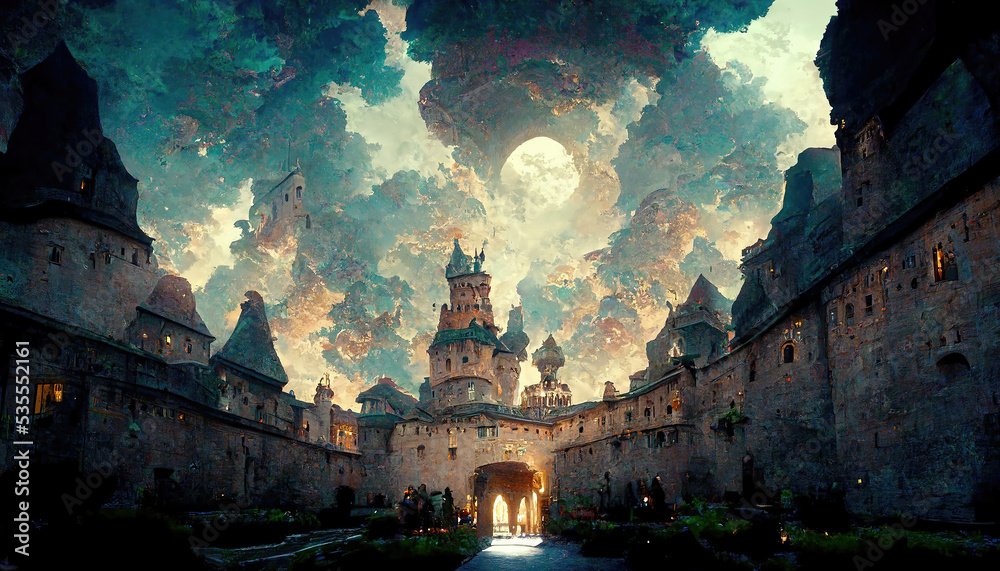 AI generated image of the quadrangle of a large medieval castle. Fairy ...