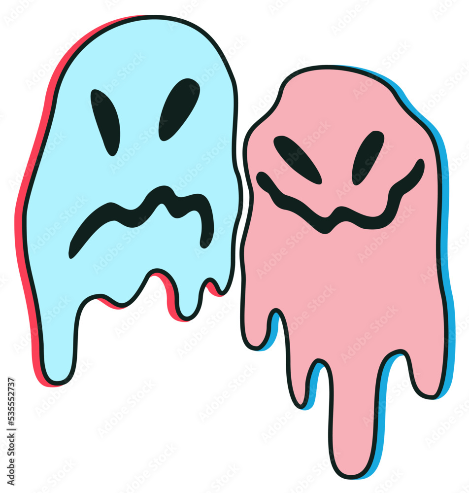 Two melting faces, blue and pink. Psychedelic concept. Halloween concept. Vector illustration isolated on white background. Two melting faces, blue and pink. Psychedelic concept. Halloween concept. Vector illustration isolated on white background.
