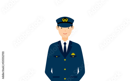 若い男性警官のポーズ、後ろ手を組んで立っている