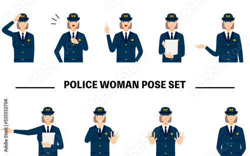 若い女性警官のポーズセット9点、敬礼や制止、取り締まりなど