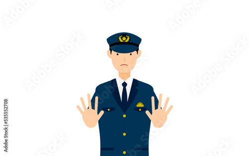 若い男性警官のポーズ、両手を前に出して制止する