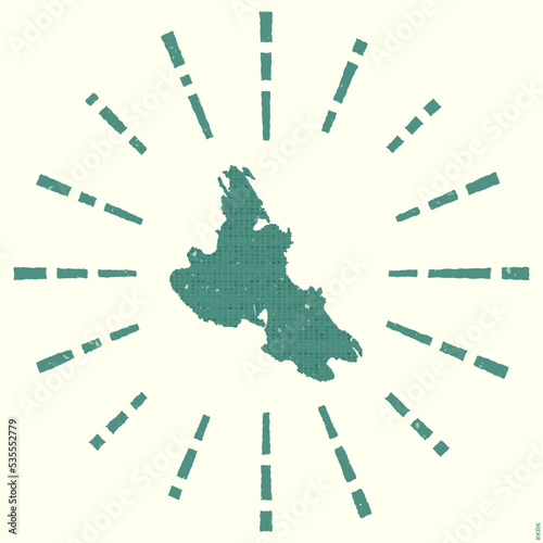 Krk Logo. Grunge sunburst poster with a map of the island. The shape of Krk is filled with hex digits and surrounded by sunburst rays. Powerful vector illustration.