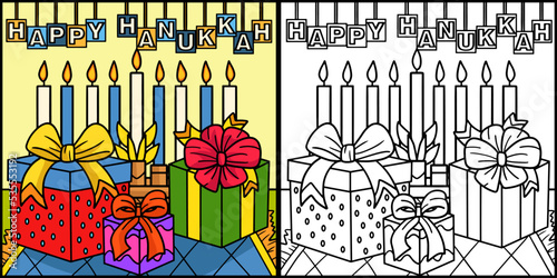 Happy Hanukkah Presents and Menorah Illustration