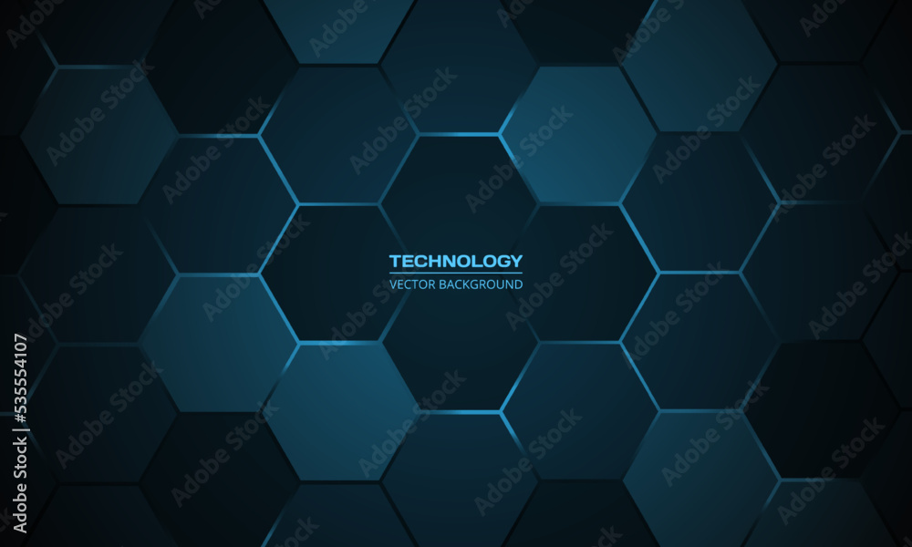 Dark blue hexagon abstract technology background with blue colored bright flashes under hexagon. Hexagonal gaming vector abstract tech background.