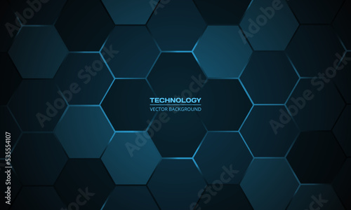 Dark blue hexagon abstract technology background with blue colored bright flashes under hexagon. Hexagonal gaming vector abstract tech background.