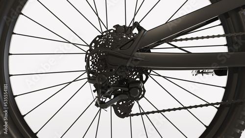 3D render of black Bike wheel isolated on white background, bike chain and wheel