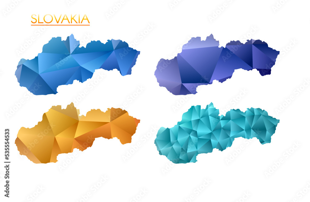 Set of vector polygonal maps of Slovakia. Bright gradient map of the country in low poly style. Multicolored Slovakia map in geometric style for your infographics. Vibrant vector illustration. Set of vector polygonal maps of Slovakia. Bright gradient map of the country in low poly style. Multicolored Slovakia map in geometric style for your infographics. Vibrant vector illustration.