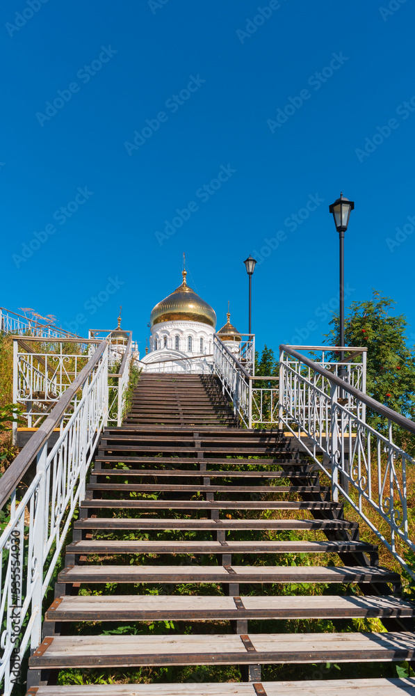 Staircase to Belogorsky Monastery (convent). Temple on the Hill in Perm Krai, Russia.