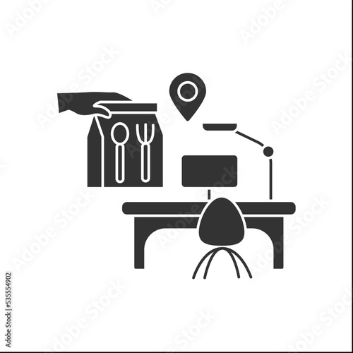 Delivery glyph icon. Fast food delivery. Lunch time at work. Office with table and laptop. Business lunch concept. Filled flat sign. Isolated silhouette vector illustration